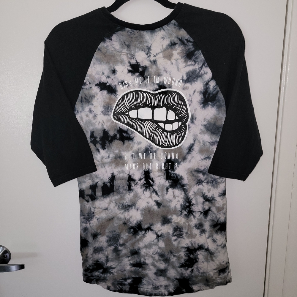 "Kiss Me If I'm Wrong" mid-sleeve Amnesia shirt, tie-dye style.
